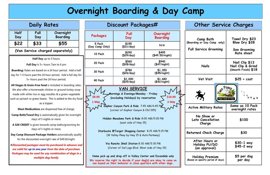 Boarding & Day Camp Rates & Services