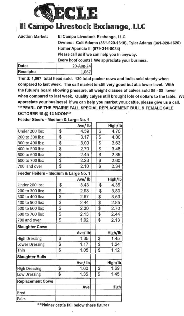 Market Report El Campo Livestock Exchange LLC
