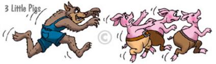 cartoon wolf chasing three little pigs for children's book illustration