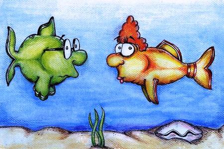 Cartooning with a Sea! Two fish look at each other.