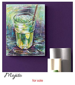 mojito cocktail, mojito cocktail with straw, acrylic painting, drink in glass