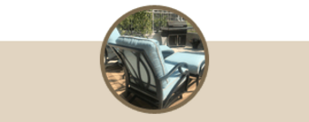 Mallin volare Custom Sunbrella chair and ottoman cushions in Dupione Celeste with Beight coarding. 