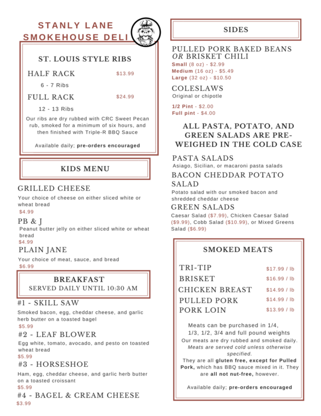 Stanley's bbq outlet menu