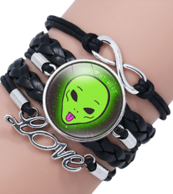 Green Alien Friendship Leather Bracelet Multilayer Glass Cabochon Bangle Bracelets Handmade Children's Gifts