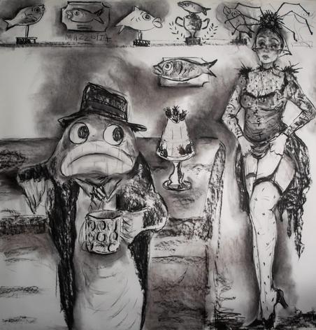 All He Wanted was a Beer Poor Cod - Charcoal on Paper 130 x130 cm
