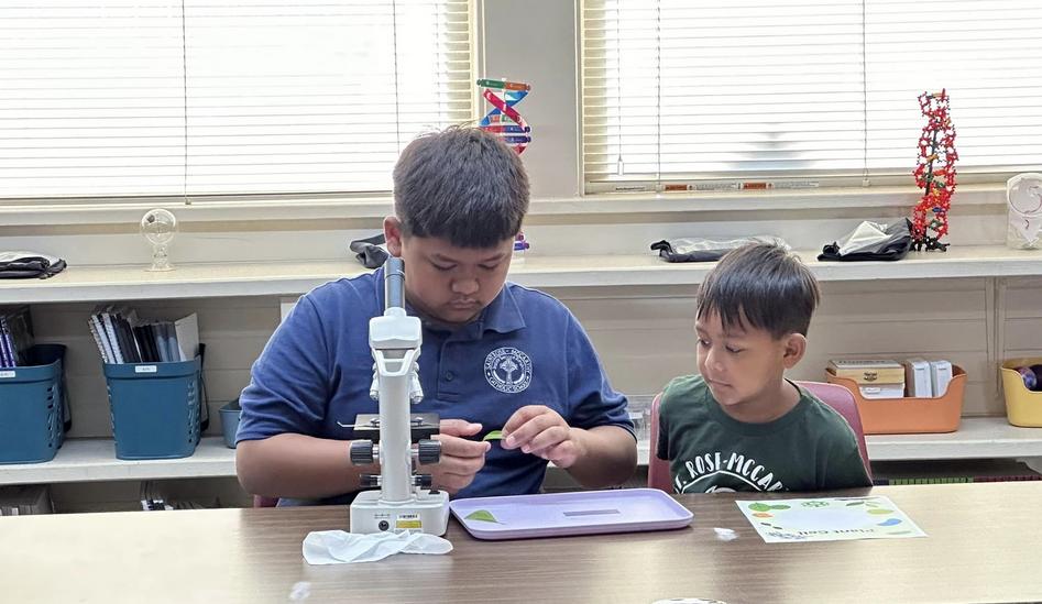 Older boy assisting younger on microscope