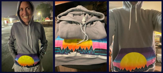 Cindy and Ben wearing merchandise Pocket Octavez pocket hoodies