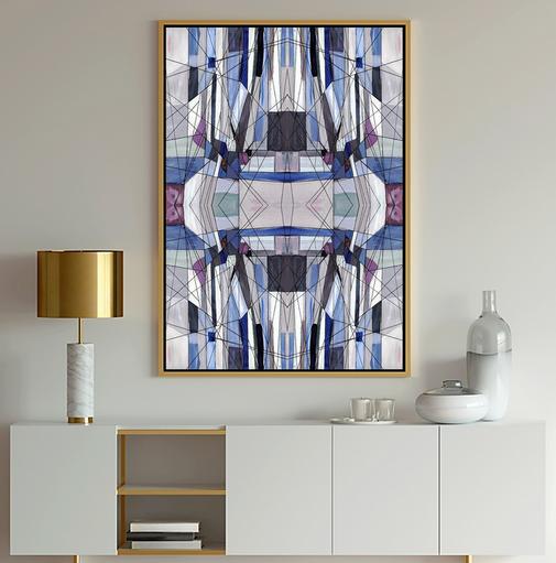 Blue Abstract Modern Art painting with geometric shapes in blue, light blue, gray, lavender and white with black lines from Dubois Art