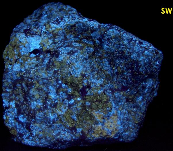 fluorescent DIOPSIDE, PHLOGOPITE, PYRITE, CALCITE - Edwards, Balmat-Edwards Zinc District, St. Lawrence County, New York, USA