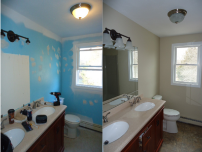 before and after image of a bathroom painted.