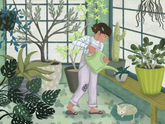 conservatory, greenhouse, cats, plants, green