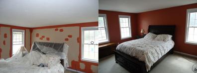 before and after image of master bedroom.