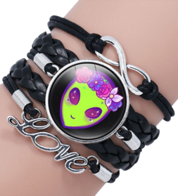 Green Alien Friendship Leather Bracelet Multilayer Glass Cabochon Bangle Bracelets Handmade Children's Gifts