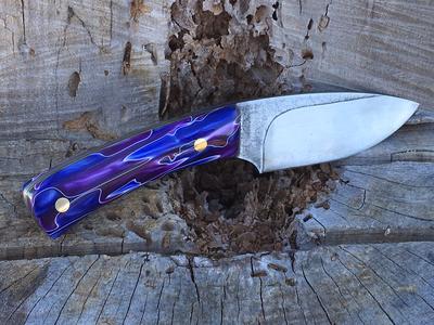 Custom etched textured knife with purple rain acrylic handles. www.DIYeasycrafts.com