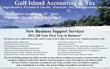 20% Off, Postcard Image - Sanibel Florida - Gulf Island Accounting & Tax - New Business Support Services - Quickbooks Online, QBO, Establishing Internal Controls for QBO, Onboarding new accounting staff, double chiecking forecasts and investment ideas, strategies for minimizing income and other taxes, online calendar, evaluation of bank and benefit and other potential vendors, payroll and state and local tax filings, applications and forms, once a year activities, 1099s, benefit plans, audit support, setting profiable prices, collection practices, cash management, key reports, document management program, related party & owner/entity seperation matters