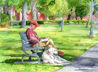 "Spring Morning Read in Schiller Park", 16"x12" watercolor painting available for purchase