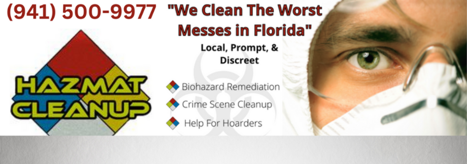 Hazmat Cleanup technician and logo along with Manatee County phone number.