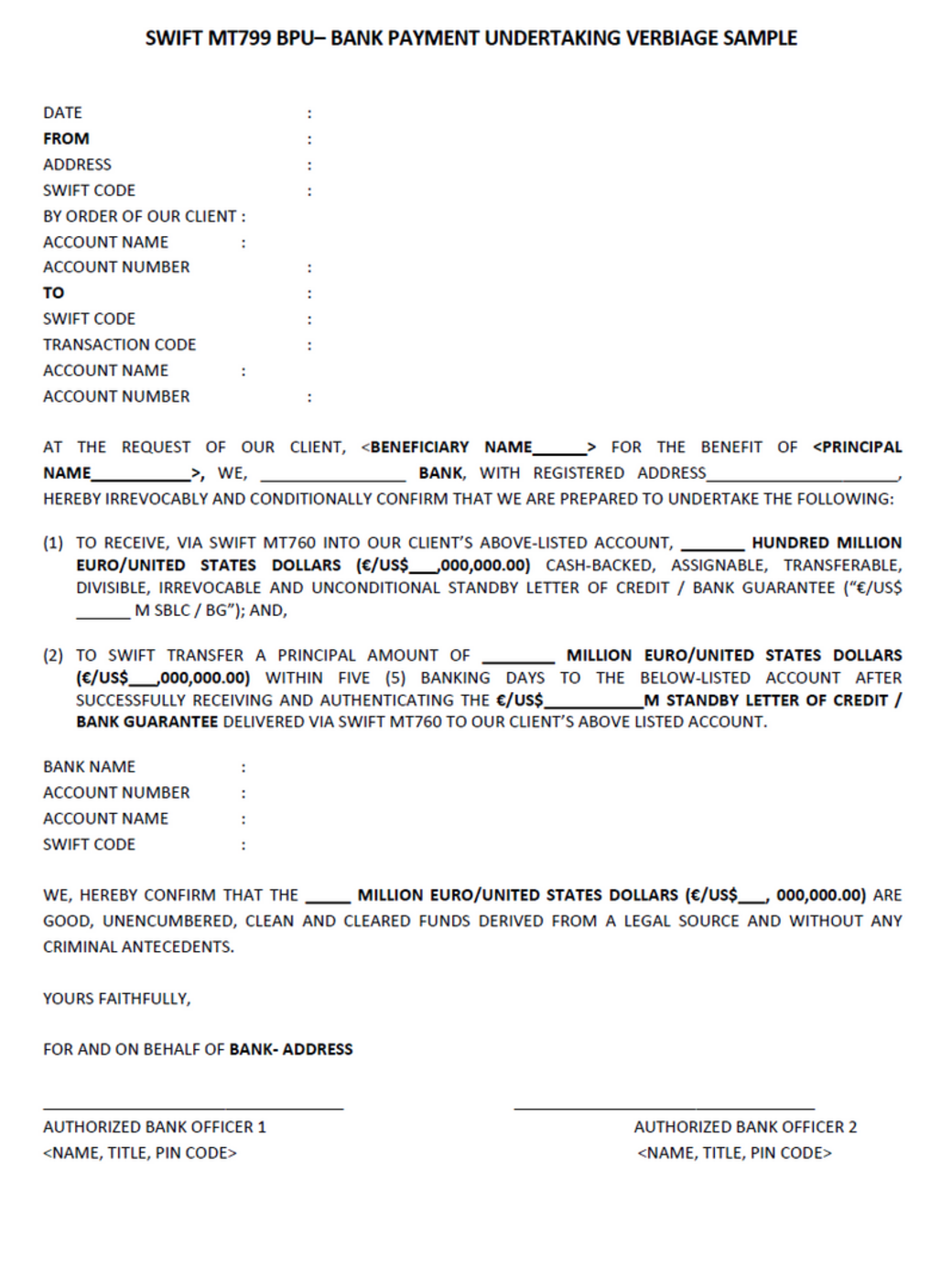 Swift Mt799 Bpu Or Bank Payment Undertaking For Sblc Bg