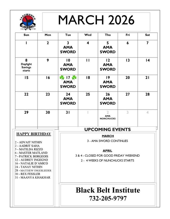 BLACK BELT INSTITUTE MARTIAL ARTS AND KARATE EVENTS CALENDER METUCHEN EDISON
