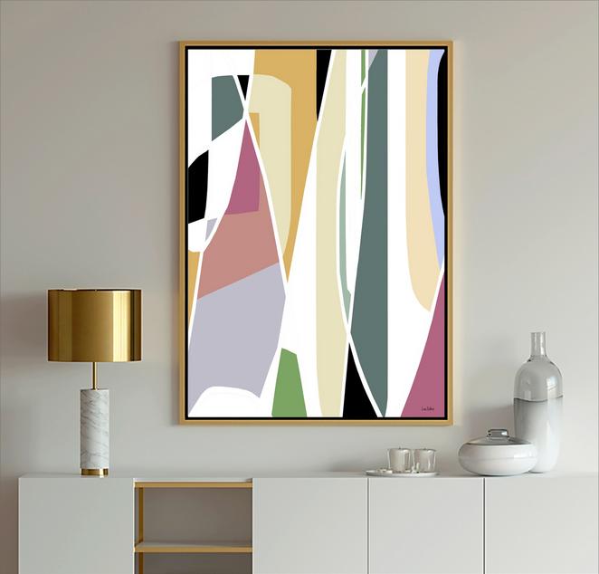 Blue Abstract Modern Art painting with geometric shapes in blue, light blue, gray, lavender and white with black lines from Dubois Art