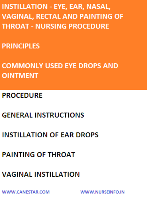 Instillation of ear, eye, nasal, vaginal, throat.