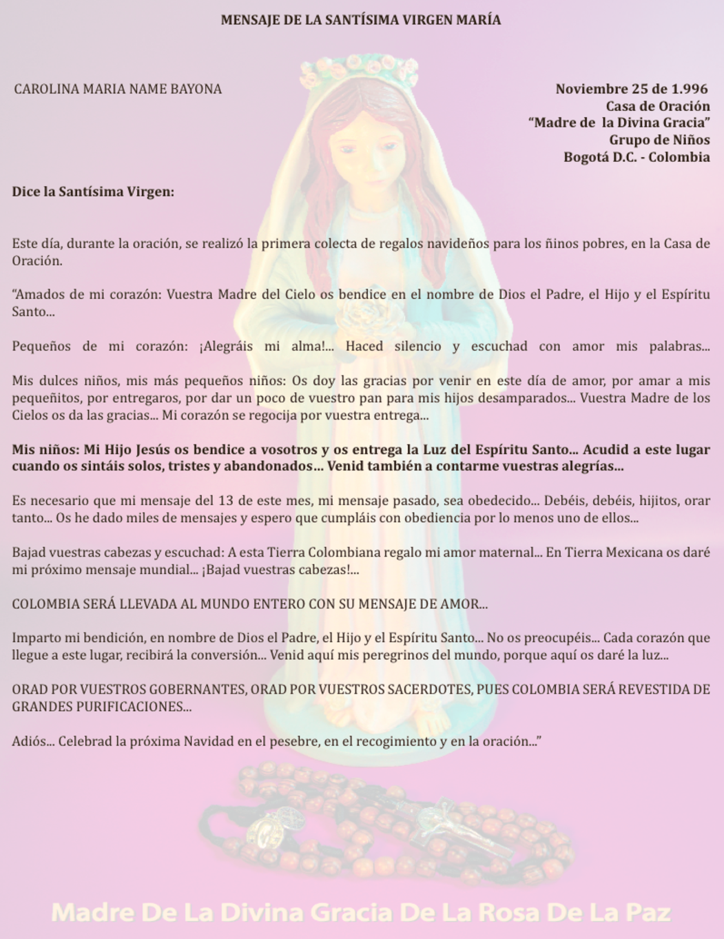 NOV 25 de 1996 Bogotá Colombia - mensaje de la virgen