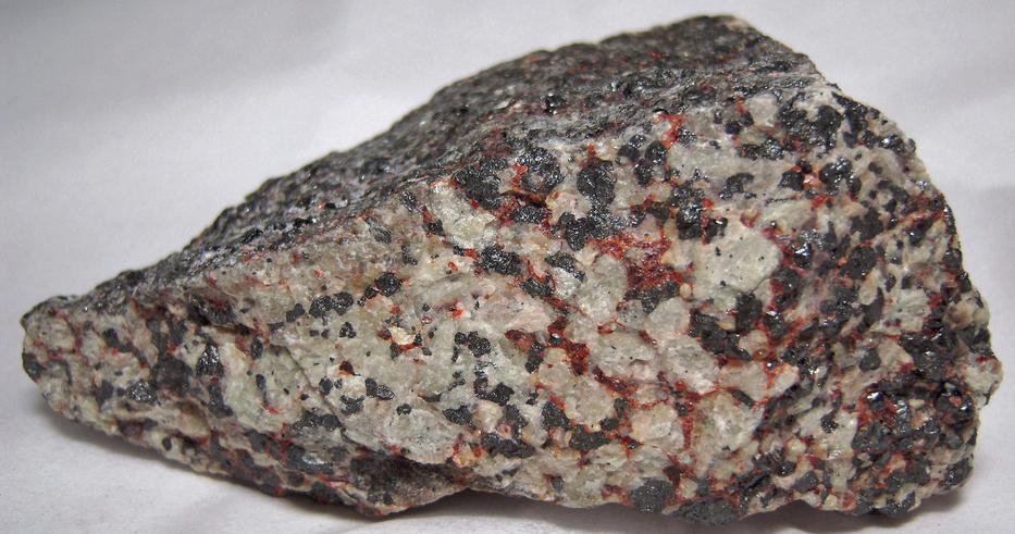 fluorescent WILLEMITE, red ZINCITE, black FRANKLINITE - Franklin Mine, Franklin, Franklin Mining District, Sussex County, New Jersey, USA, type locale, gneiss ore