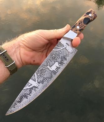 Deer in the Woods themed custom etched Chef knife. Free step by step instructions from www.DIYeasycrafts.com