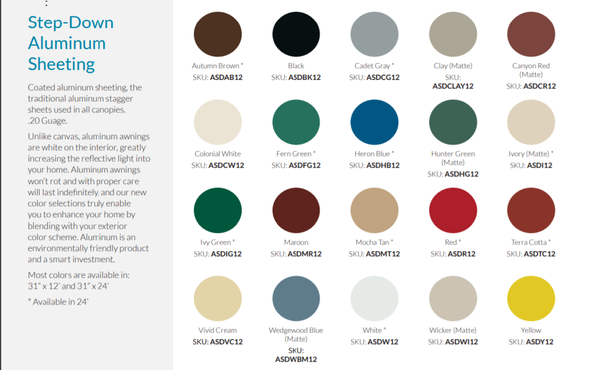 Aluminum Awning Color Chart - Long Island NY