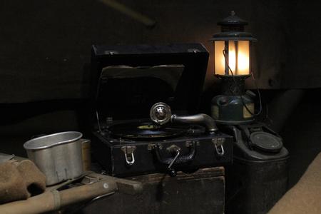 crank record player on WW2 tent set