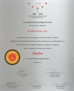 Diplôme Maitre Société Implantologie Dentaire Michel Puertas Denturologiste