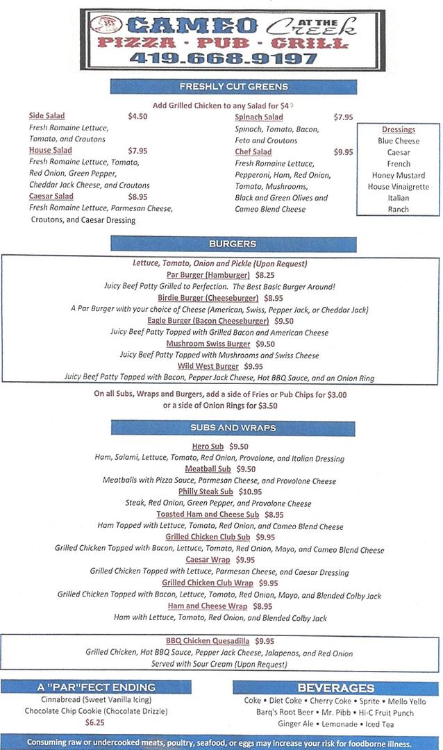 2023 Cameo Eagle Creek Menu