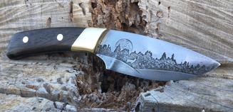How to make a beautiful hunter style knife with Walnut scales, brass bolsters and two tone blade metal etching. FREE step by step instructions. www.DIYeasycrafts.com