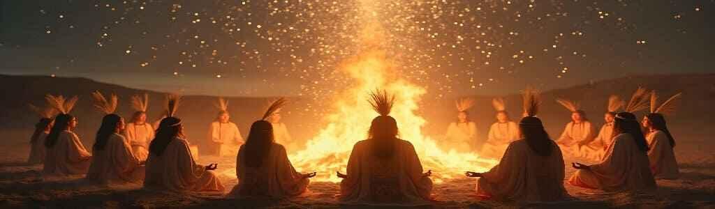 A circle of Native American shamans sits in deep meditation around a roaring bonfire, radiating shimmering waves of light toward the celestial dome above. Clad in ceremonial robes adorned with ancient symbols, the shamans channel divine energy, embodying the transformative power of Perpetual Blessings.