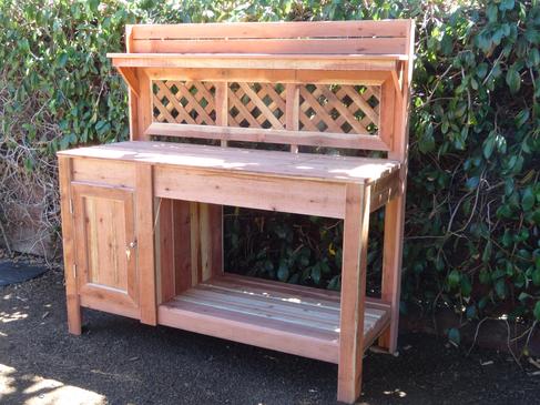 cedar potting bench with full cabinet, double doors, non locking cam.