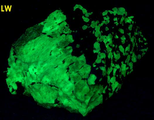SW LW fluorescent Willemite, red Zincite, black Franklinite - Franklin Mine, Franklin, Franklin Mining District, Sussex County, New Jersey, USA - type locality