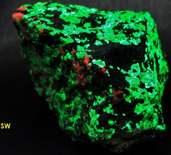 FRANKLINITE, fluorescing WILLEMITE, CALCITE - Sterling Mine, Sterling Hill, Ogdensburg, Franklin Mining District, Sussex County, New Jersey, USA - Franklinite type locality