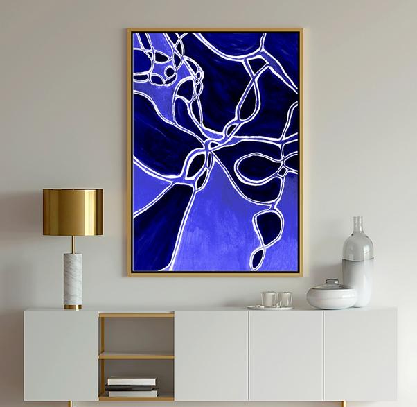 Blue abstract modern art with deep blue, light blue and white swirls