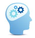 A logo depicting a silhouette of a head with gears inside symbolizing a person thinking that repeats on each page.
