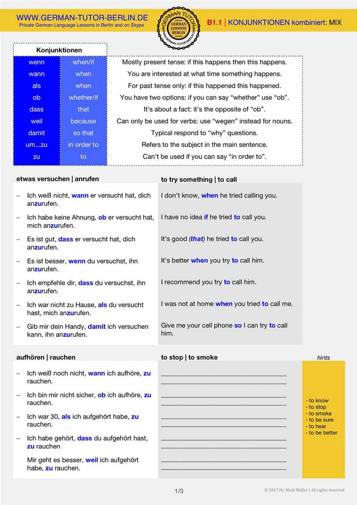German lessons Subordinate Conjunctions B1 exercise