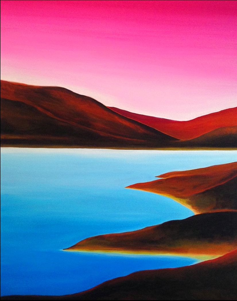 Conamara by Orfhlaith Egan. Contemporary blue and pink minimalist landscape painting. Galway and Berlin.