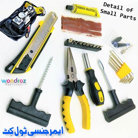 Car Emergency Tool Kit in Pakistan. It includes Double Cylinder Air Compressor, Screwdrivers and Puncture Repair Tools in Karachi