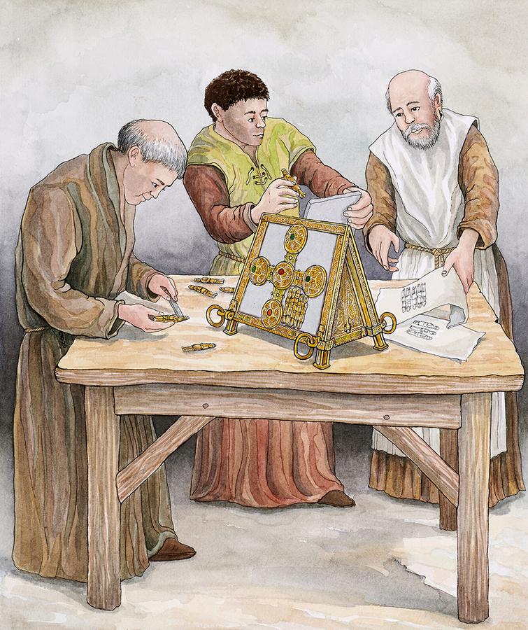 Colour illustration of metalsmiths assembling Saint Manchan's Shrine