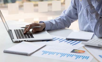 Image of a business men working with a laptop and reports