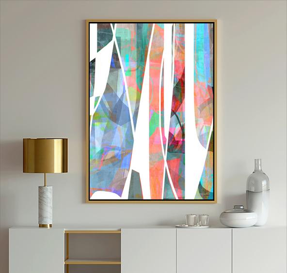 Blue Abstract Modern Art painting with geometric shapes in blue, light blue, gray, lavender and white with black lines from Dubois Art