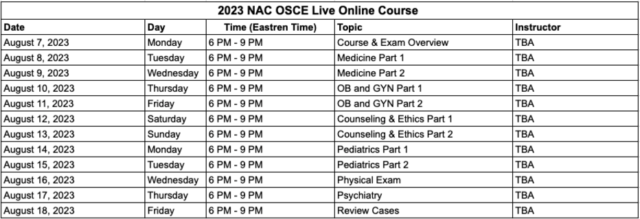 NAC OSCE Schedule 2023