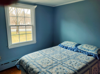 Living room walls painted with "sherwood green".