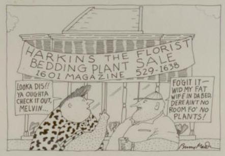 A hand-drawn cartoon of two men outside harkins, discussing a sale and how one has no room for plants due to his fat wife