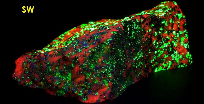 fluorescing Willemite, Hardystonite, Rhodonite, Franklinite, Calcite -Franklin Mine, Franklin, Franklin Mining District, Sussex County, New Jersey, USA - for sale