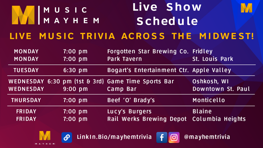 image version of Music Mayhem weekly live show schedule